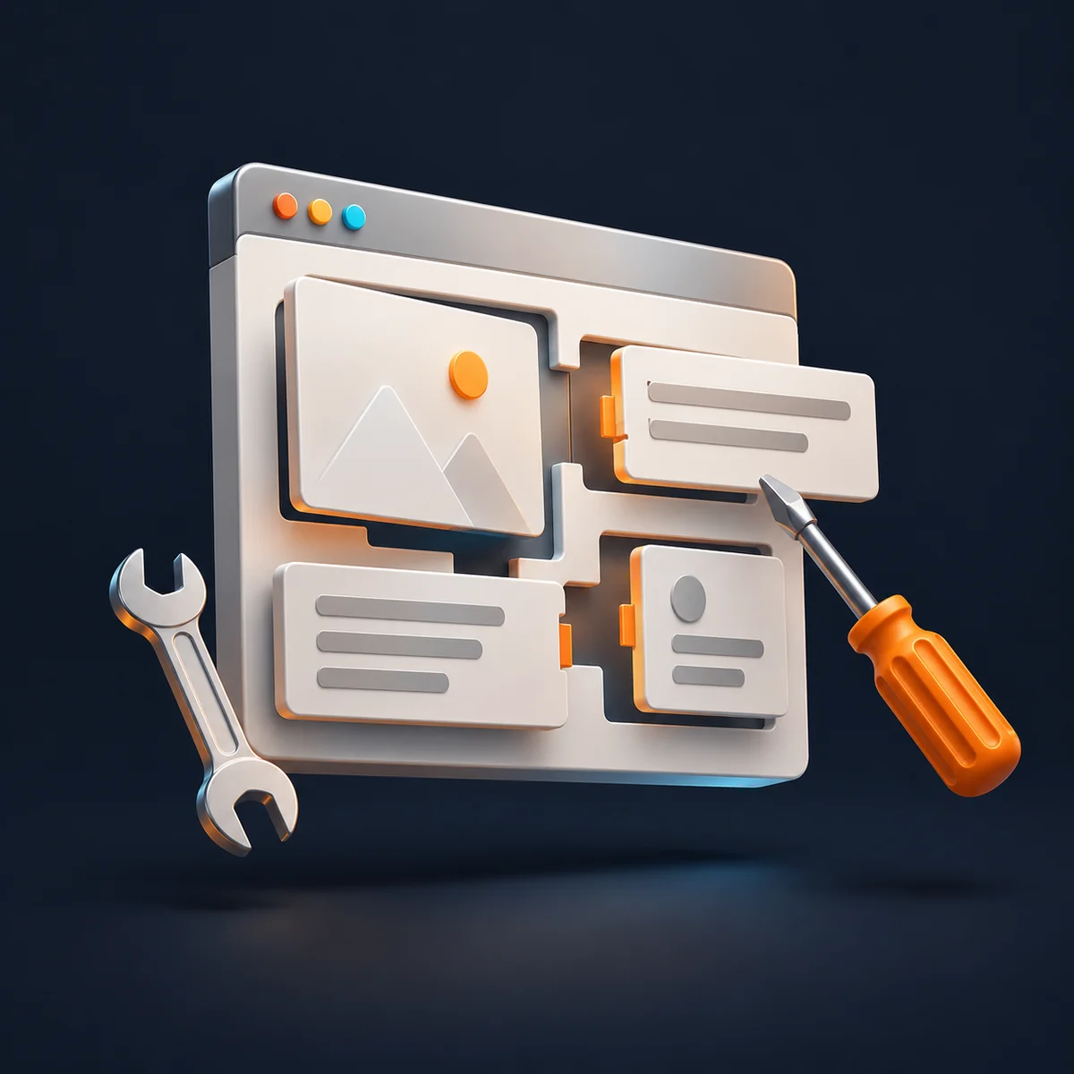 A browser window carefully reassembled with a wrench and an orange screwdriver.